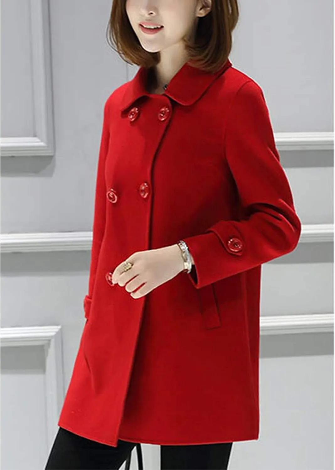Tanming Women's Winter Double Breasted Coat Black Wool Peacoat Long Sleeve Trench Coat