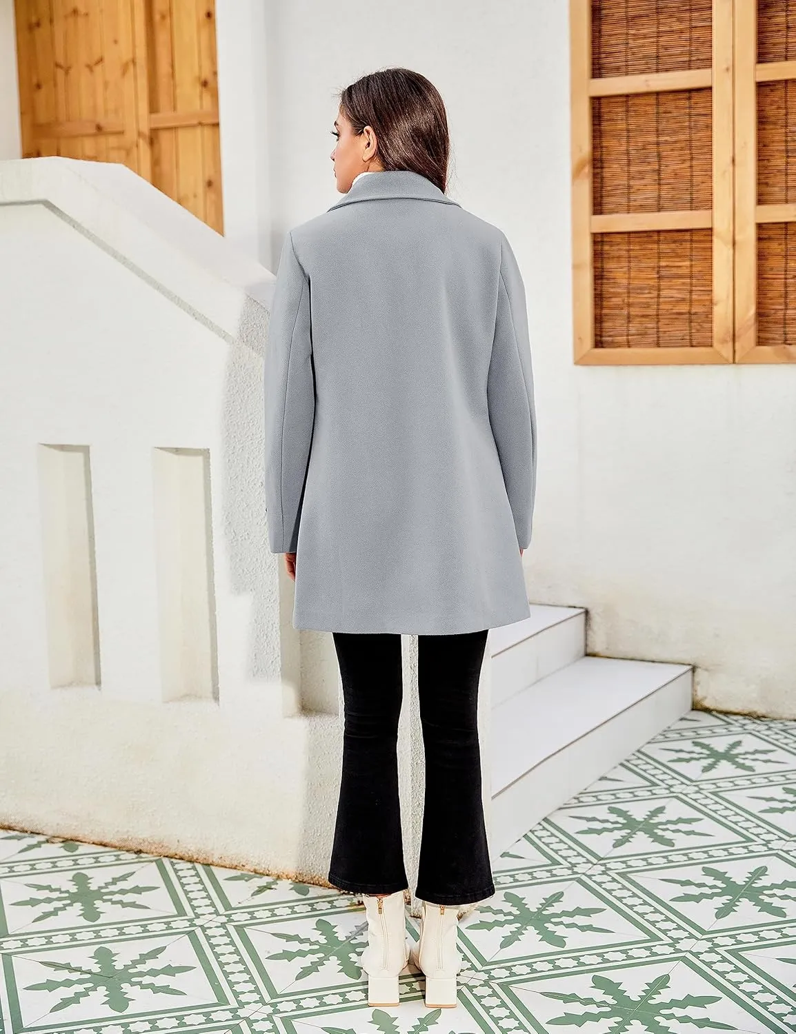 Tanming Women's Winter Double Breasted Coat Black Wool Peacoat Long Sleeve Trench Coat