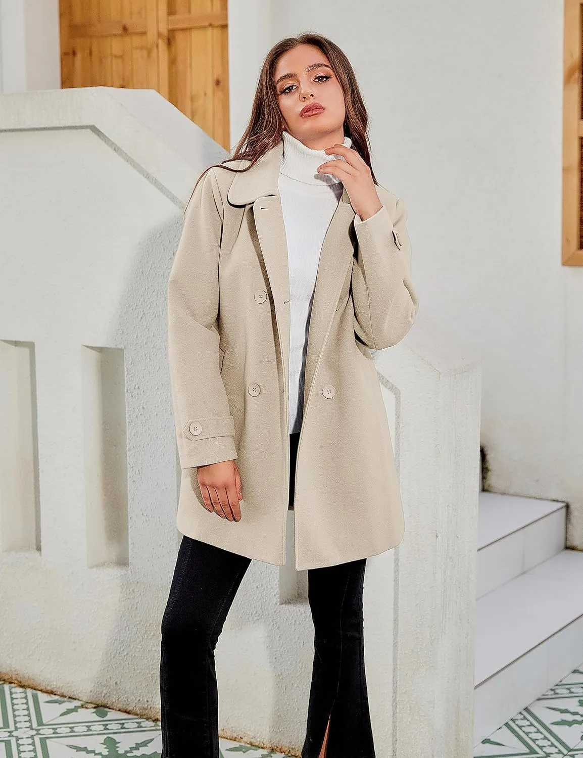 Tanming Women's Winter Double Breasted Coat Black Wool Peacoat Long Sleeve Trench Coat