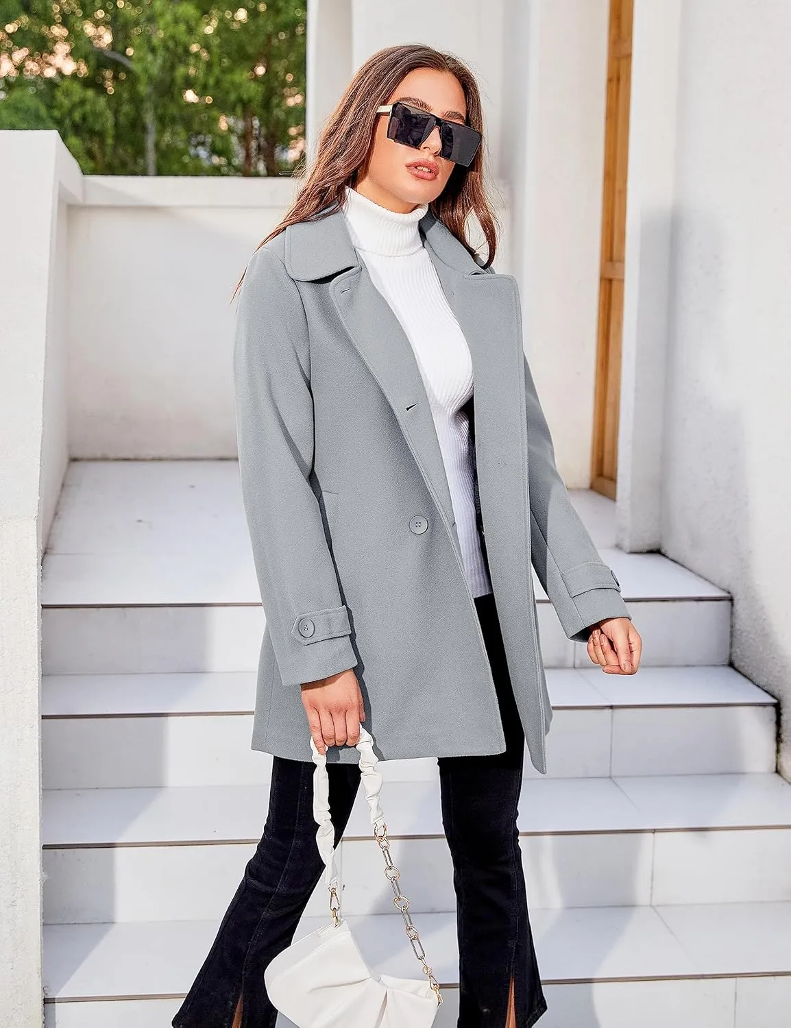 Tanming Women's Winter Double Breasted Coat Black Wool Peacoat Long Sleeve Trench Coat