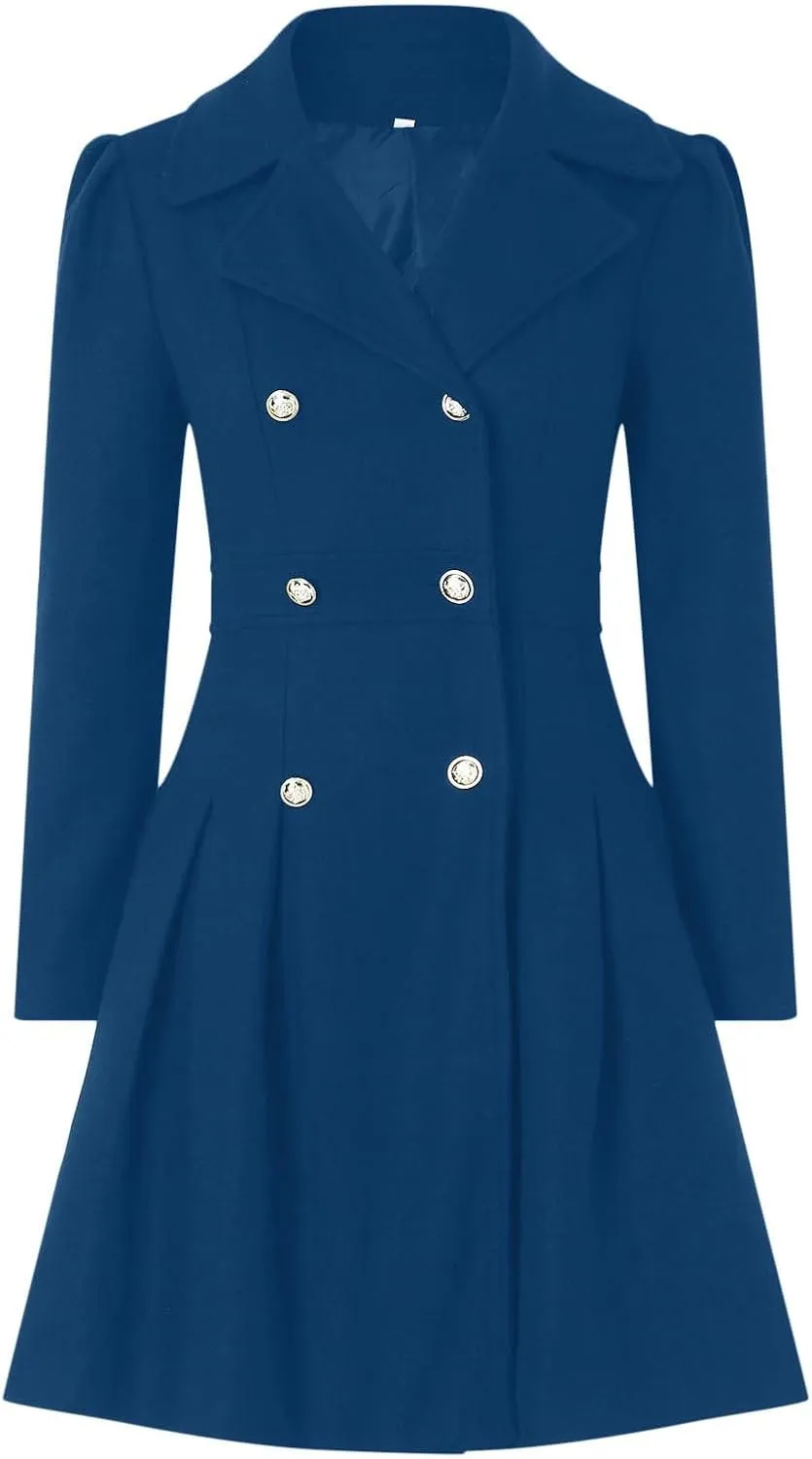 TIAFORD Women Double Breasted Pea Coat Long Wool Trench Coat Lapel Slim Fit Button Down Fall Winter Coats for Women