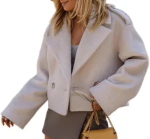 TIAFORD Women Wool Blend Cropped Pea Coats Double Breasted Notched Lapel Long Sleeve Casual Button Down Short Trench Coat