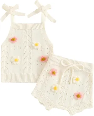 Toddler Girl Fall Outfits Knit Baby Clothes Tie-up Camisole With Elastic Waist Shorts 2 Pcs Clothing Set
