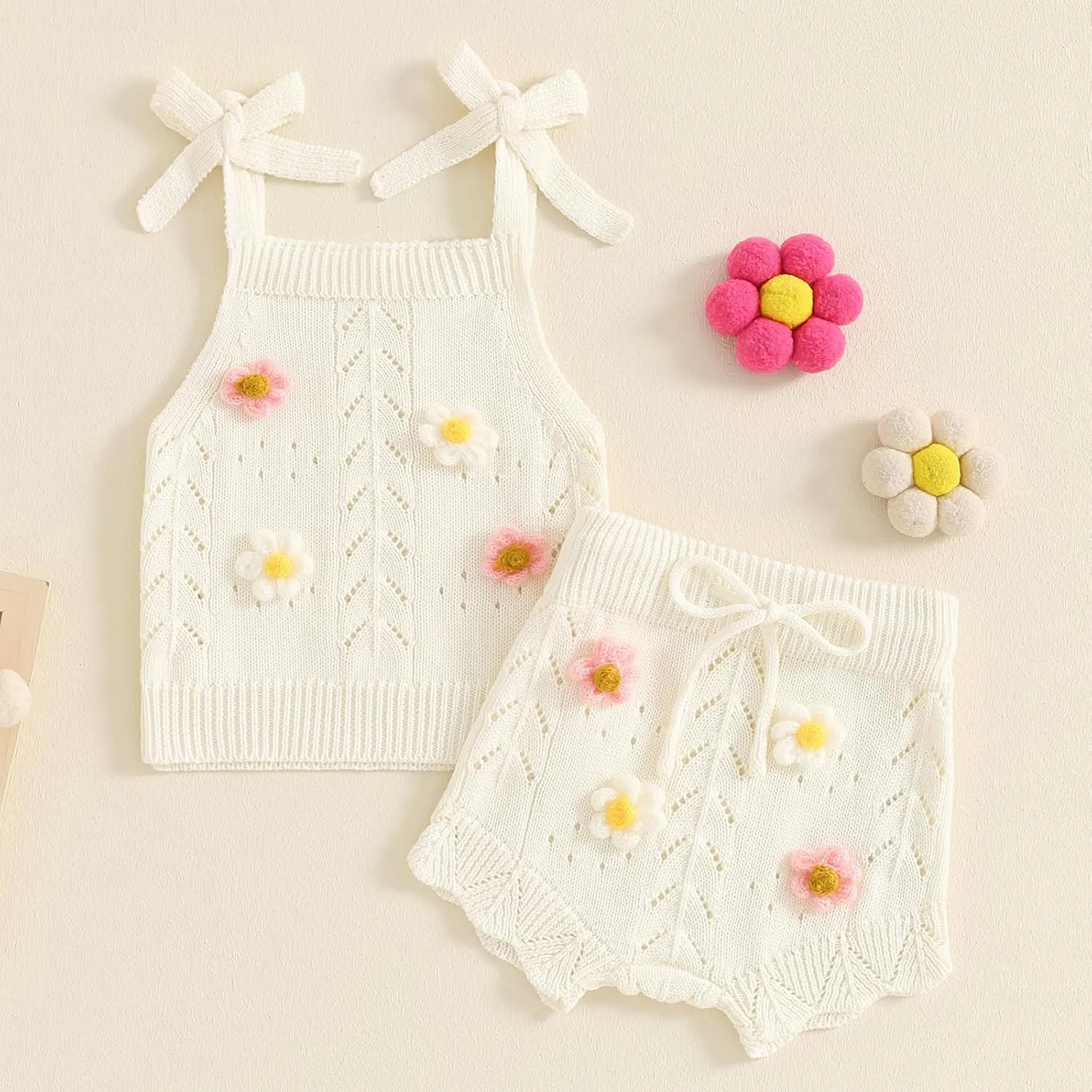 Toddler Girl Fall Outfits Knit Baby Clothes Tie-up Camisole With Elastic Waist Shorts 2 Pcs Clothing Set