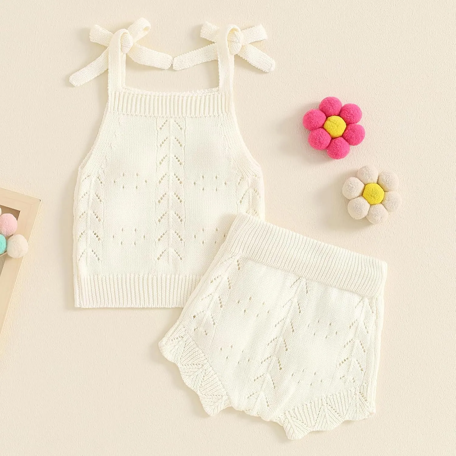 Toddler Girl Fall Outfits Knit Baby Clothes Tie-up Camisole With Elastic Waist Shorts 2 Pcs Clothing Set