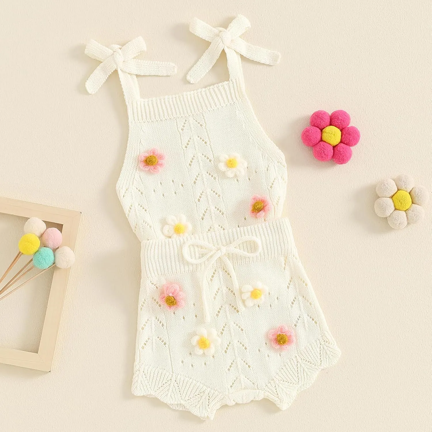 Toddler Girl Fall Outfits Knit Baby Clothes Tie-up Camisole With Elastic Waist Shorts 2 Pcs Clothing Set
