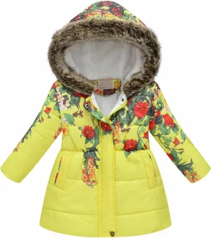 Toddler Girls Thick Warm Hooded Down Floral Print Puffer Winter Long Sleeve Fashion Soft Coat Coat And Snow Pants Girls