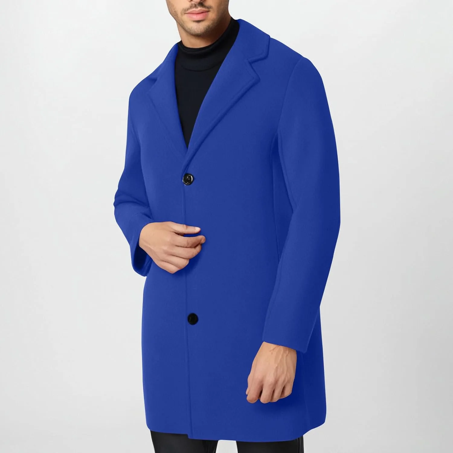 Trench Coat Men Single Breasted Wool Blend Coat Mid Length Pea Coat Notch Lapel Jacket Business Casual Overcoat