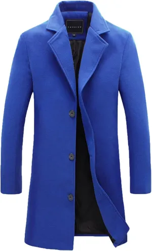 Trench Coat Men Single Breasted Wool Blend Coat Mid Length Pea Coat Notch Lapel Jacket Business Casual Overcoat