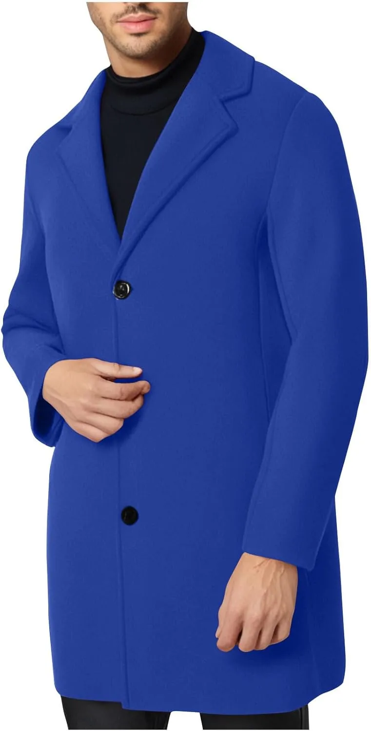 Trench Coat Men Single Breasted Wool Blend Coat Mid Length Pea Coat Notch Lapel Jacket Business Casual Overcoat