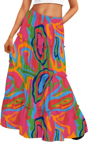 Trendy Queen Long Skirts for Women Boho Maxi Skirt Summer Swing Tiered A-Line Elastic High Waist Dress with Pockets Fashion