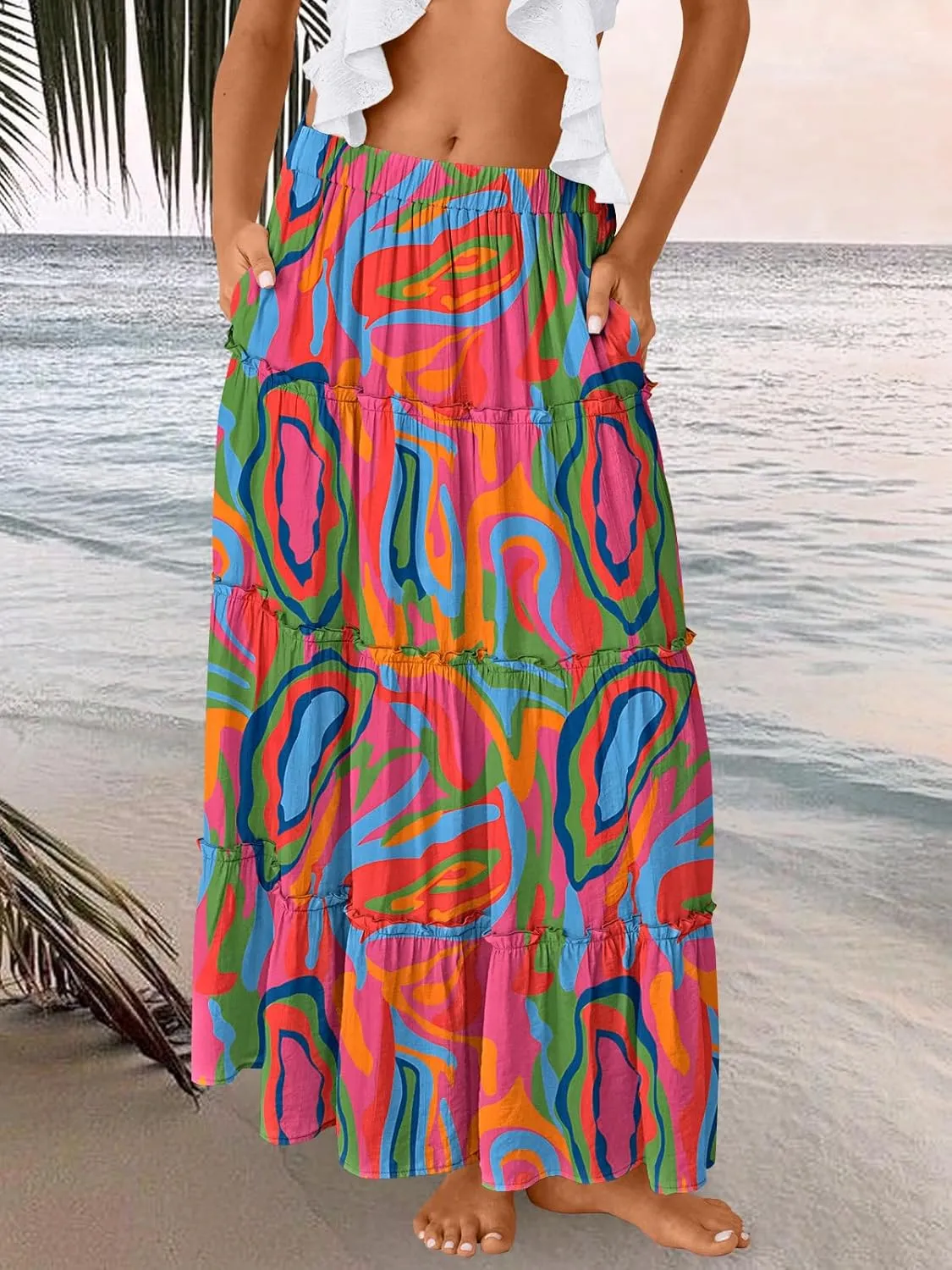 Trendy Queen Long Skirts for Women Boho Maxi Skirt Summer Swing Tiered A-Line Elastic High Waist Dress with Pockets Fashion