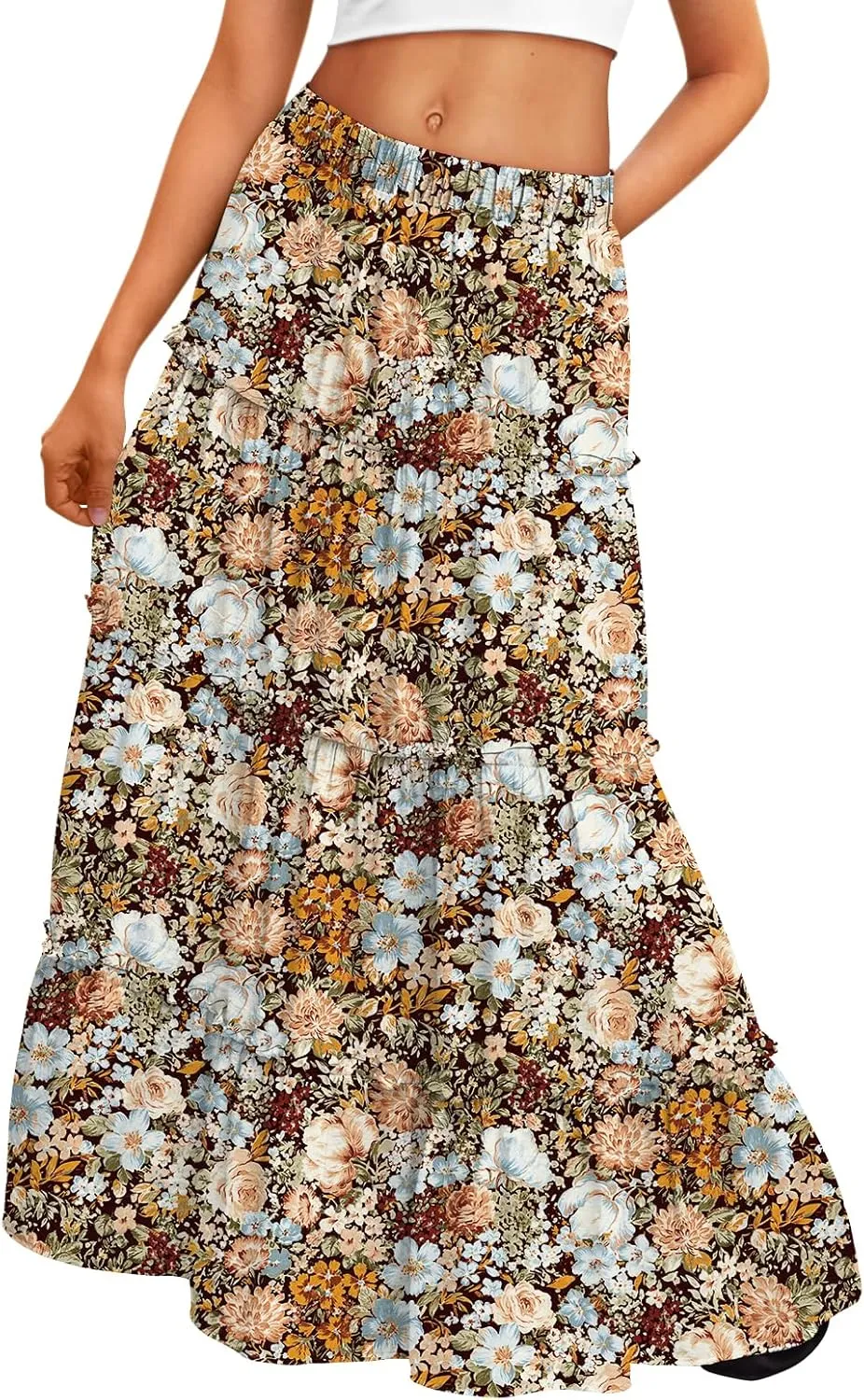 Trendy Queen Long Skirts for Women Boho Maxi Skirt Summer Swing Tiered A-Line Elastic High Waist Dress with Pockets Fashion