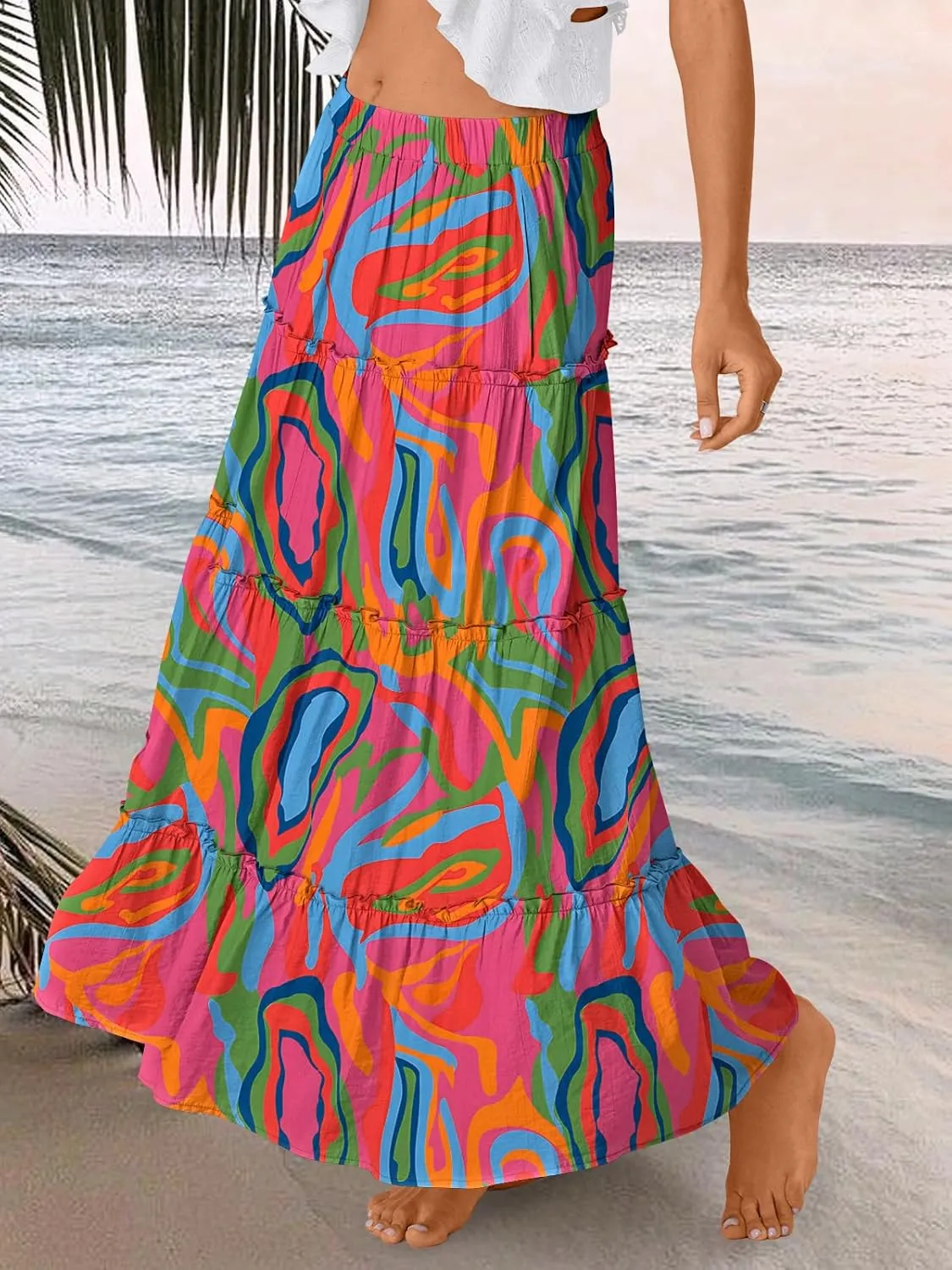 Trendy Queen Long Skirts for Women Boho Maxi Skirt Summer Swing Tiered A-Line Elastic High Waist Dress with Pockets Fashion