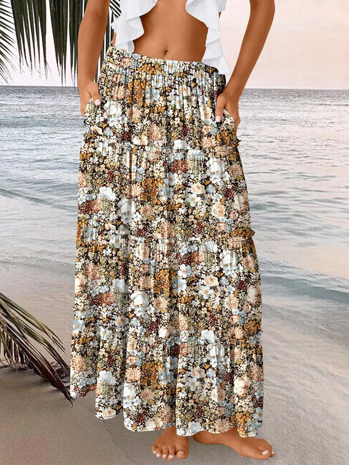 Trendy Queen Long Skirts for Women Boho Maxi Skirt Summer Swing Tiered A-Line Elastic High Waist Dress with Pockets Fashion