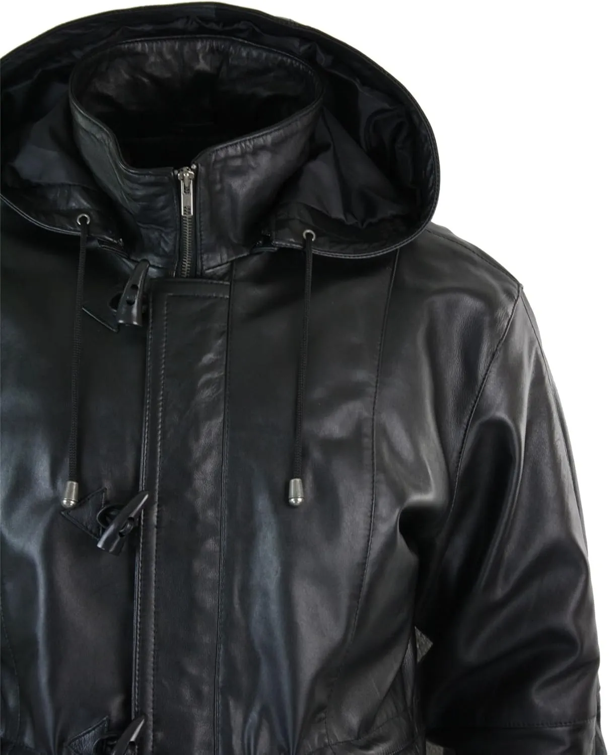 TruClothing Mens 3/4 Long Real Leather Duffle Jacket Coat Safari Detachable Hood Classic