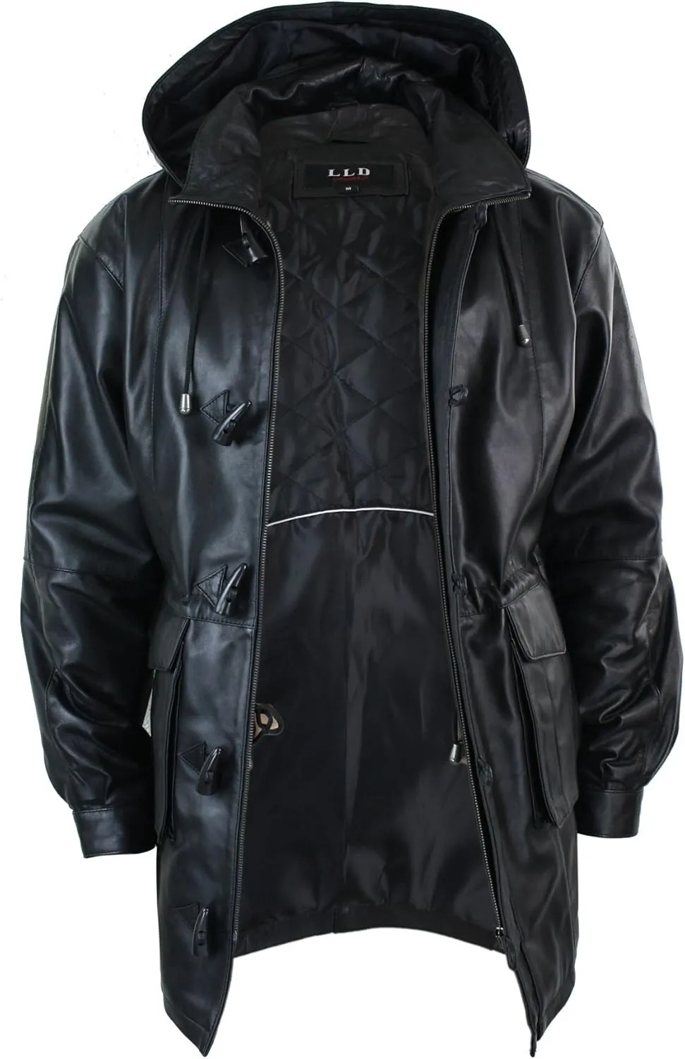 TruClothing Mens 3/4 Long Real Leather Duffle Jacket Coat Safari Detachable Hood Classic