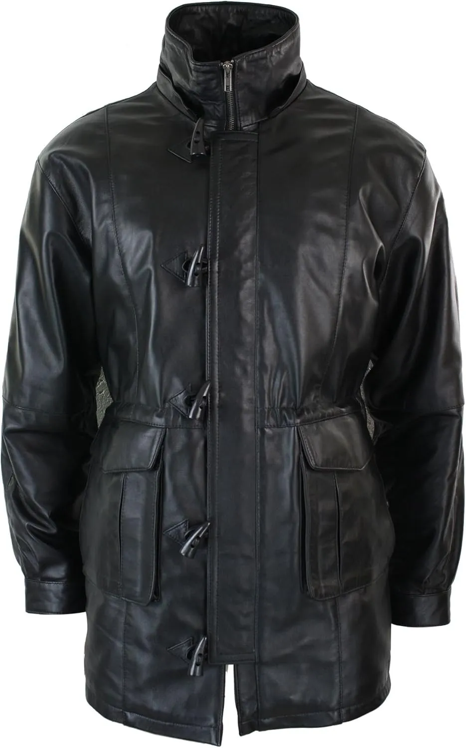 TruClothing Mens 3/4 Long Real Leather Duffle Jacket Coat Safari Detachable Hood Classic