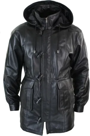 TruClothing Mens 3/4 Long Real Leather Duffle Jacket Coat Safari Detachable Hood Classic