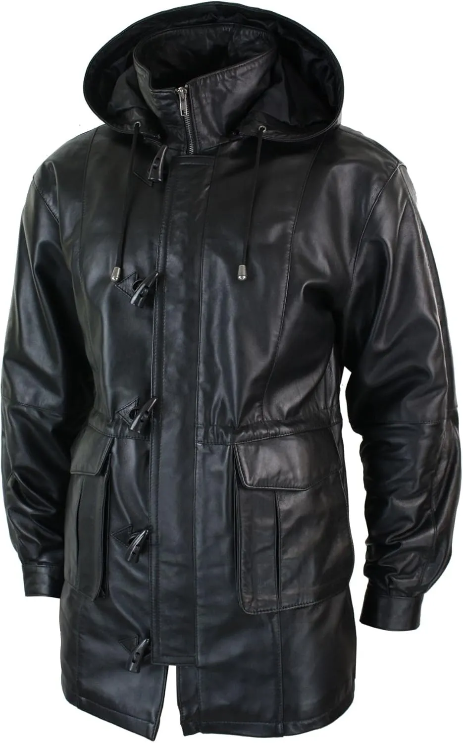 TruClothing Mens 3/4 Long Real Leather Duffle Jacket Coat Safari Detachable Hood Classic