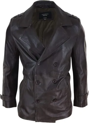 TruClothing Mens Real Leather 3/4 Double Breasted Pea Coat Sherlock Brown Sailor Classic