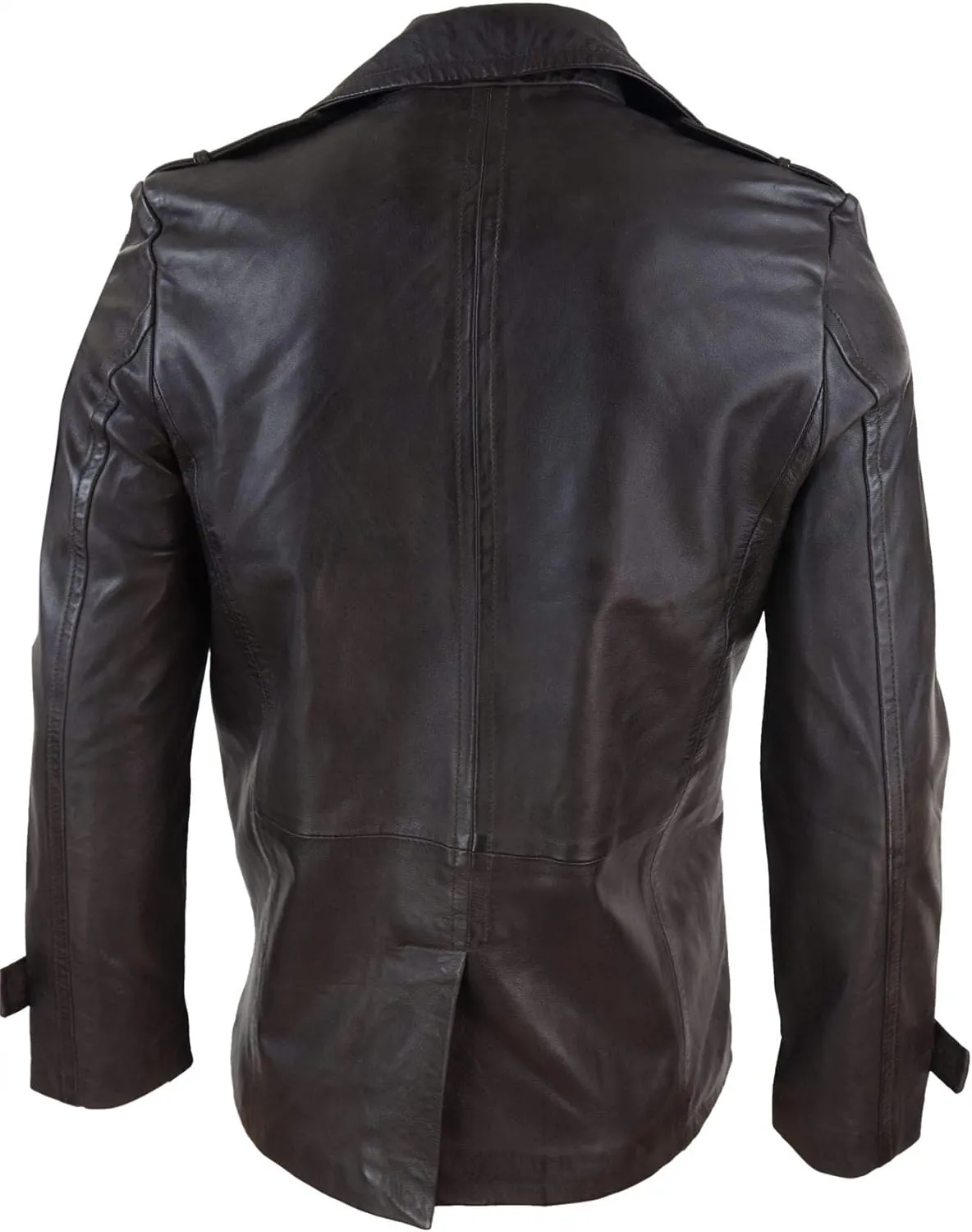 TruClothing Mens Real Leather 3/4 Double Breasted Pea Coat Sherlock Brown Sailor Classic