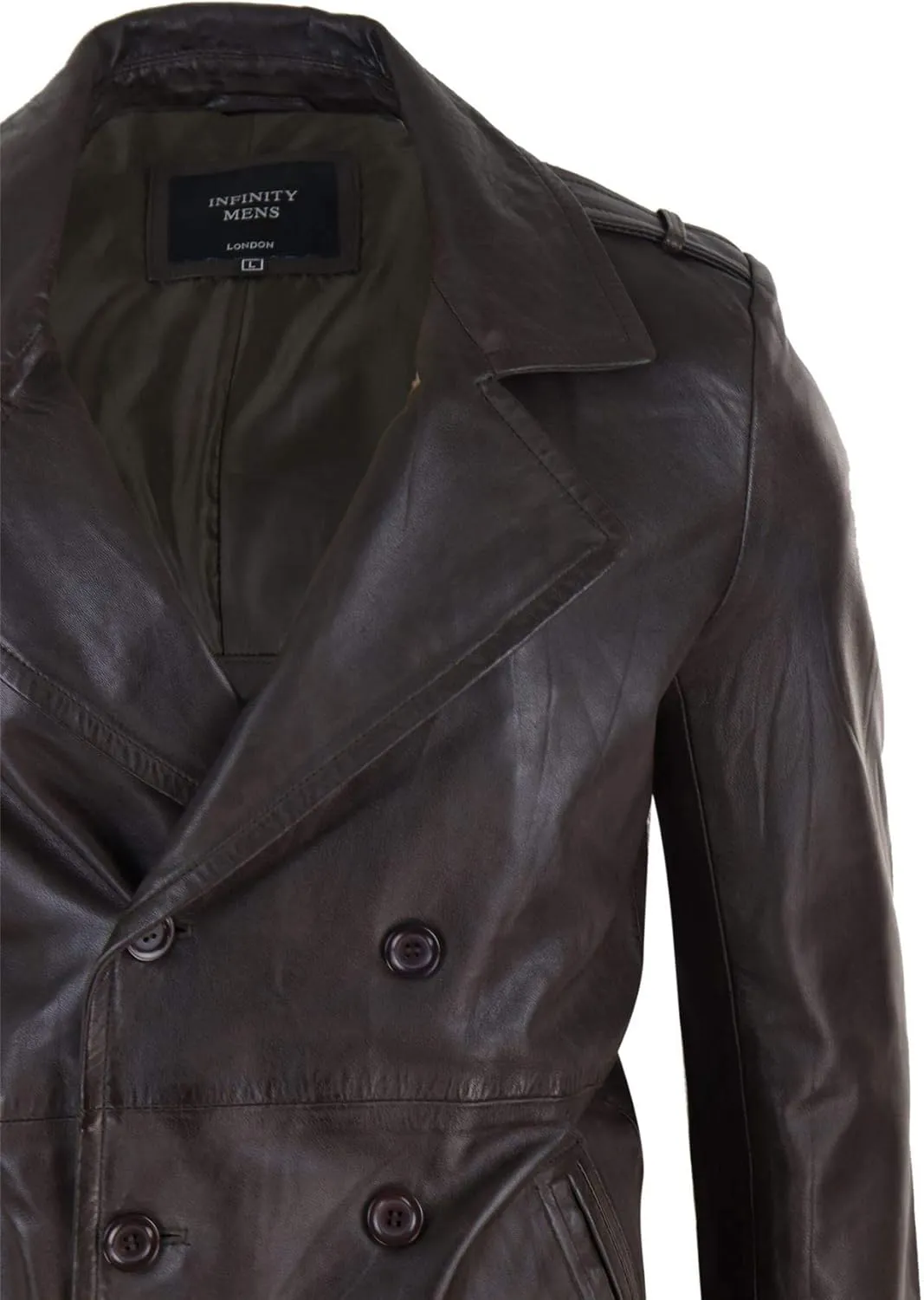 TruClothing Mens Real Leather 3/4 Double Breasted Pea Coat Sherlock Brown Sailor Classic