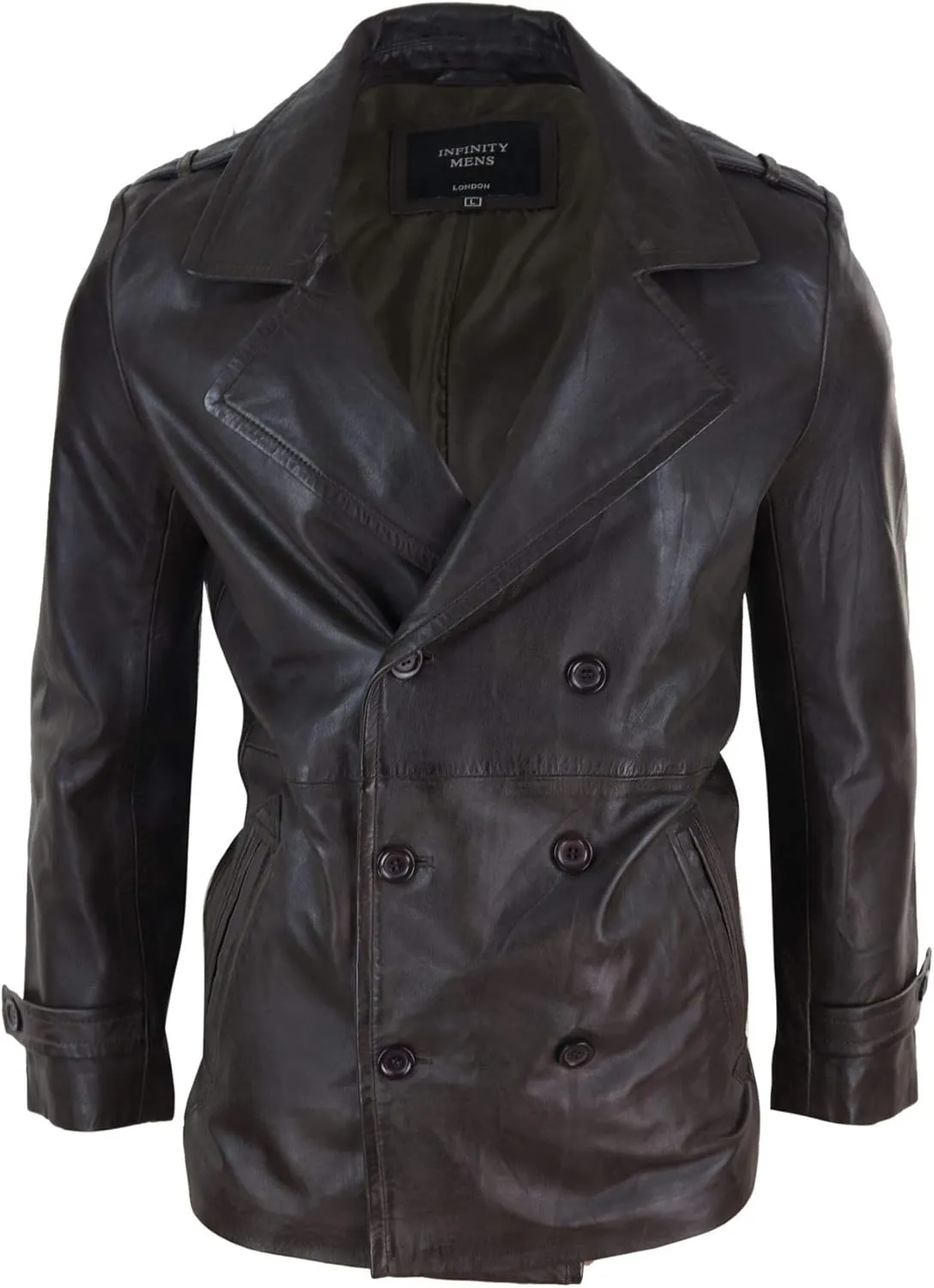 TruClothing Mens Real Leather 3/4 Double Breasted Pea Coat Sherlock Brown Sailor Classic