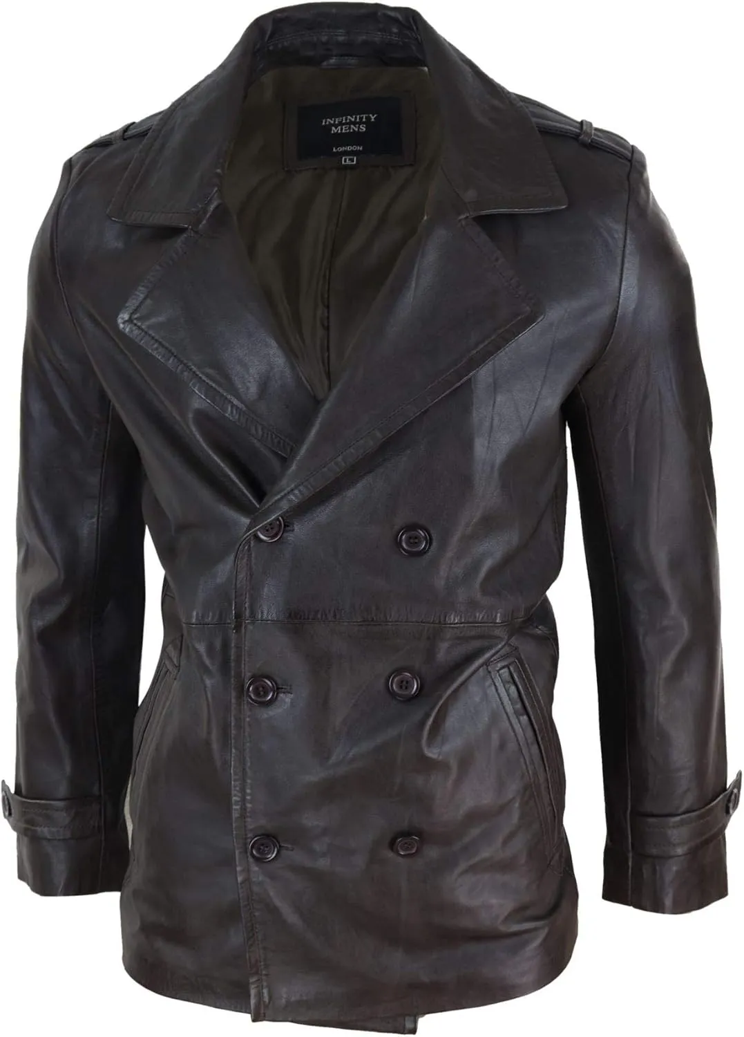 TruClothing Mens Real Leather 3/4 Double Breasted Pea Coat Sherlock Brown Sailor Classic