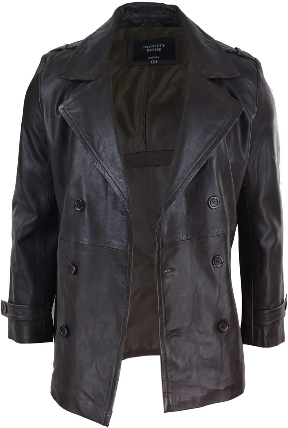 TruClothing Mens Real Leather 3/4 Double Breasted Pea Coat Sherlock Brown Sailor Classic