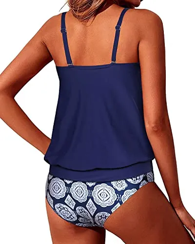 Tummy Control Loose Fit Tankini Bathing Suits For Women-Navy Blue Tribal