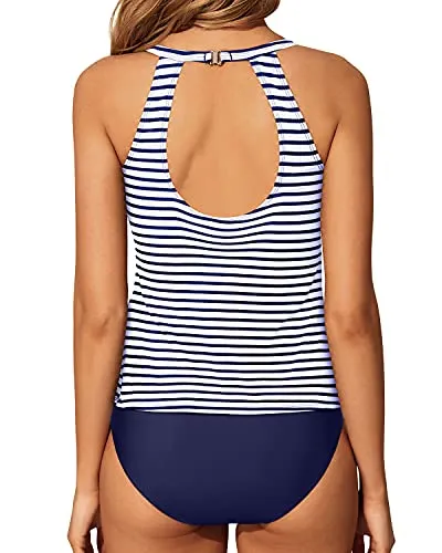 Two Piece Bathing Suit Flattering Design Backless Tankini-Blue White Stripe