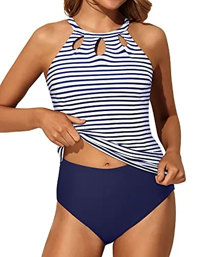 Two Piece Bathing Suit Flattering Design Backless Tankini-Blue White Stripe