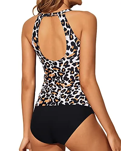 Two Piece High Neck Halter Tankini Set For Women-Black And Leopard