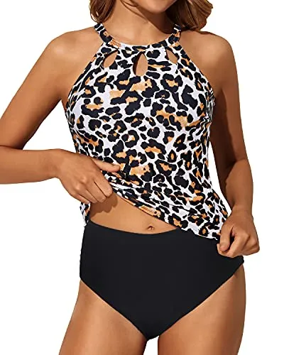 Two Piece High Neck Halter Tankini Set For Women-Black And Leopard