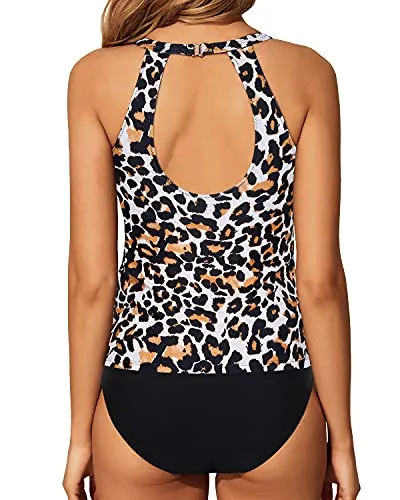 Two Piece High Neck Halter Tankini Set For Women-Black And Leopard