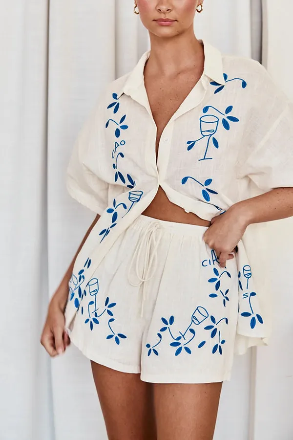 Unique Artistic Embroidered Button Lace Up Pocket Shorts Set
