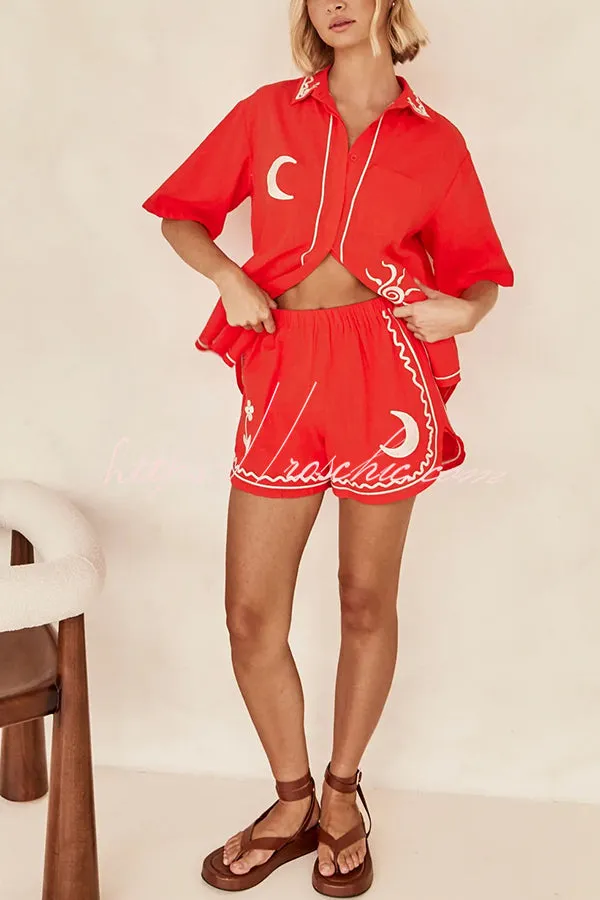 Unique Artistic Embroidered Button Lace Up Pocket Shorts Set