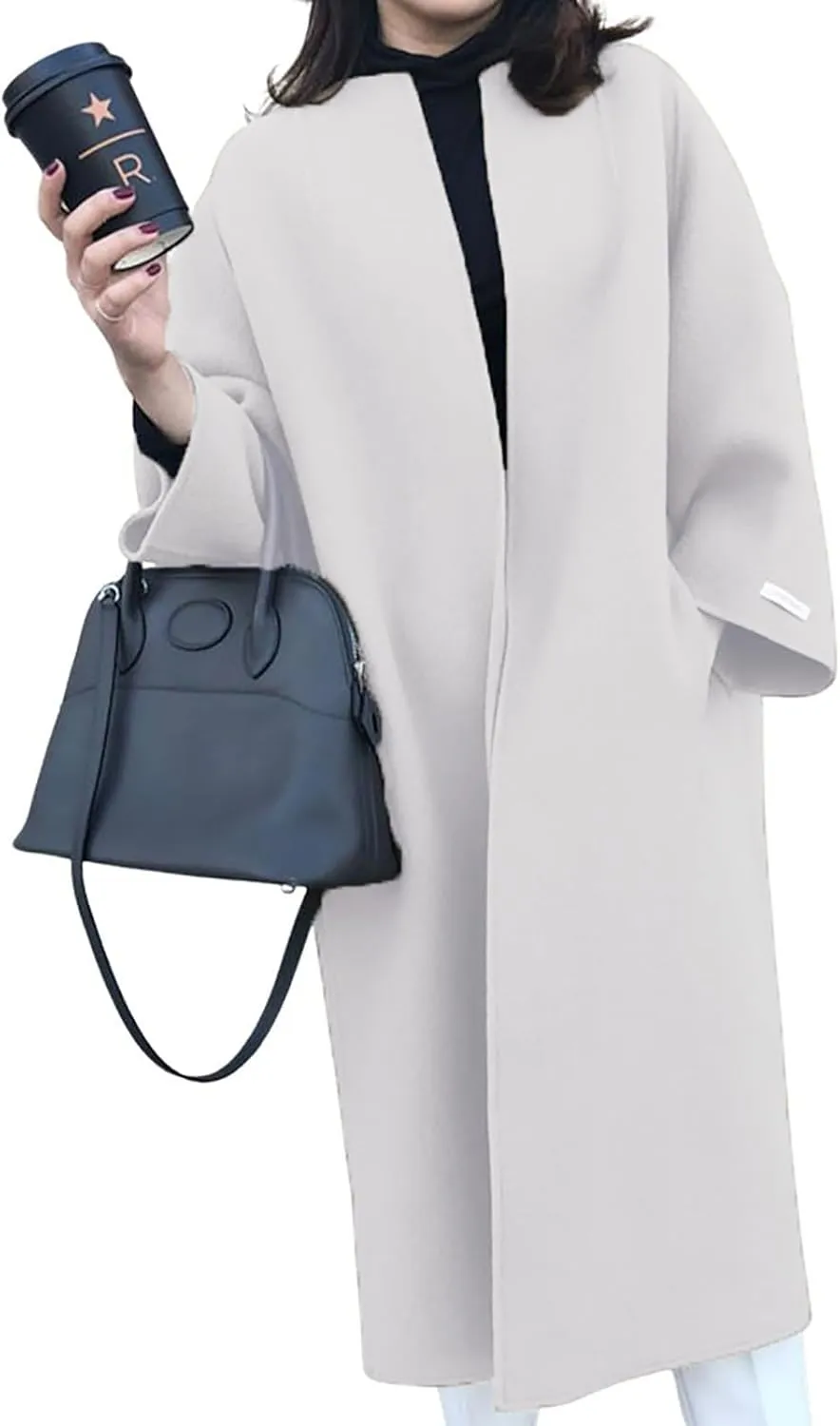 utcoco Womens Mid Long Wool Coats Open Front Woolen Blend Long Cardigan Trench Coat