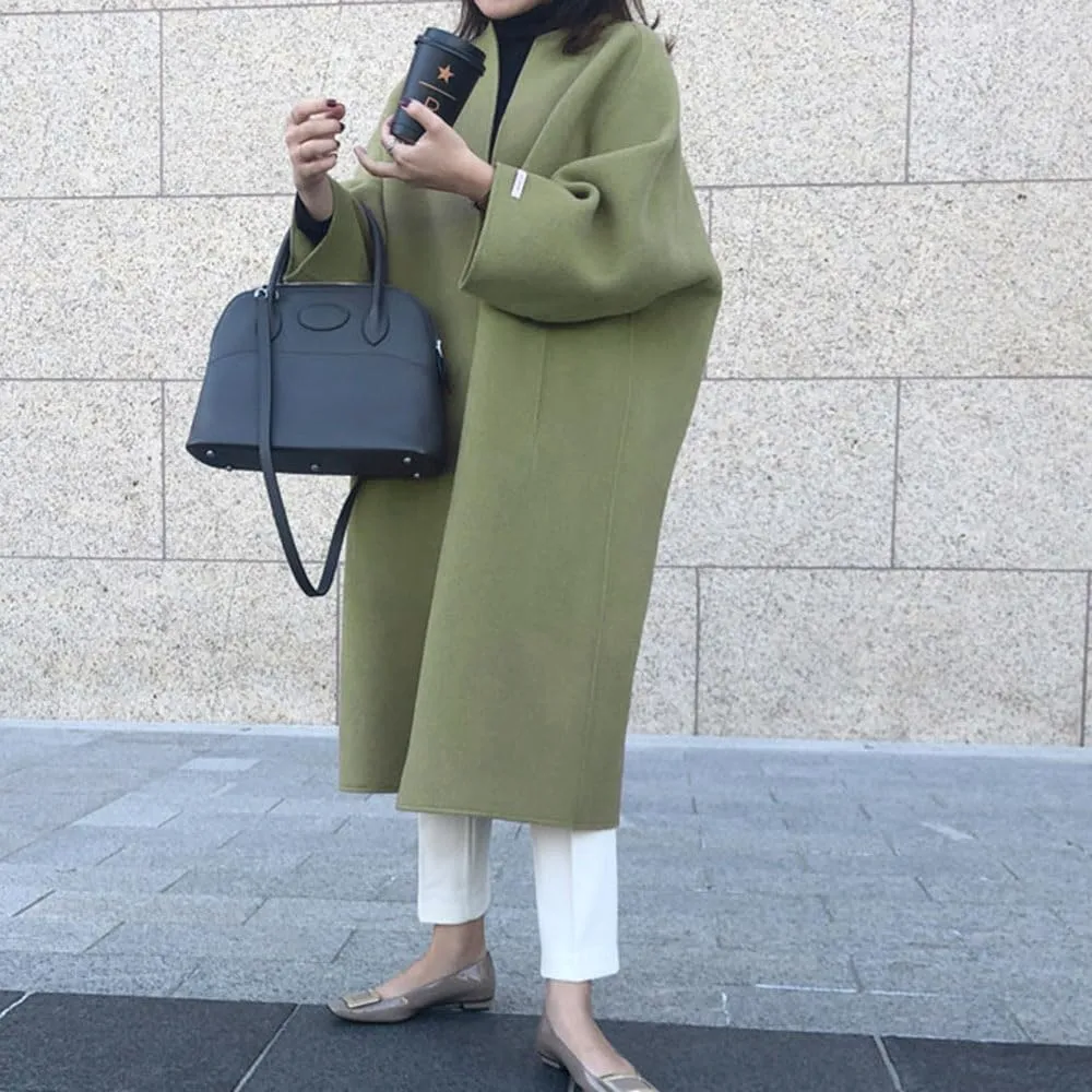 utcoco Womens Mid Long Wool Coats Open Front Woolen Blend Long Cardigan Trench Coat