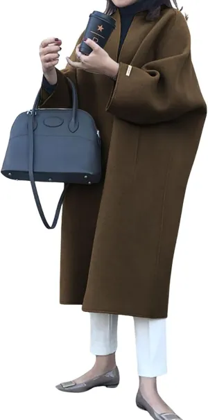utcoco Womens Mid Long Wool Coats Open Front Woolen Blend Long Cardigan Trench Coat