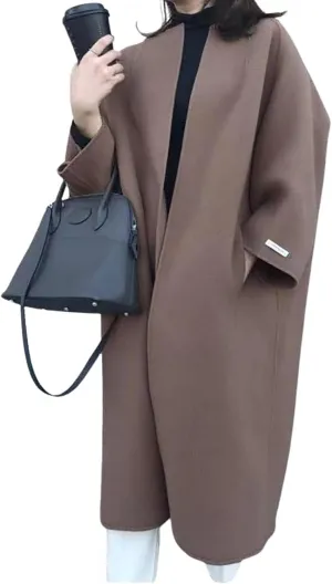 utcoco Womens Mid Long Wool Coats Open Front Woolen Blend Long Cardigan Trench Coat