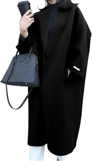 utcoco Womens Mid Long Wool Coats Open Front Woolen Blend Long Cardigan Trench Coat