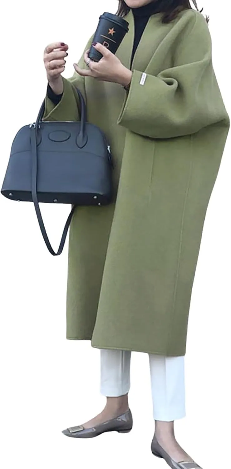 utcoco Womens Mid Long Wool Coats Open Front Woolen Blend Long Cardigan Trench Coat