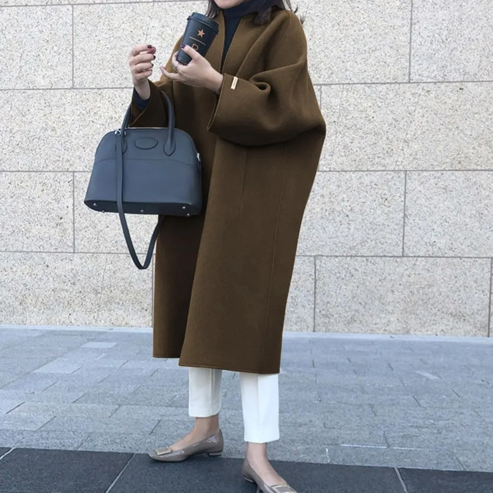 utcoco Womens Mid Long Wool Coats Open Front Woolen Blend Long Cardigan Trench Coat