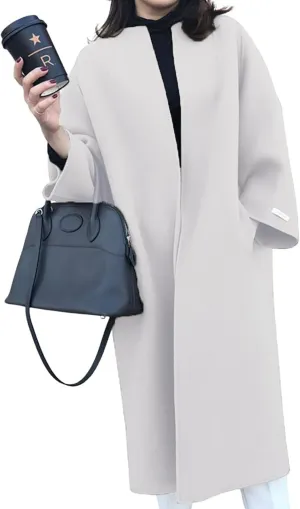 utcoco Womens Mid Long Wool Coats Open Front Woolen Blend Long Cardigan Trench Coat