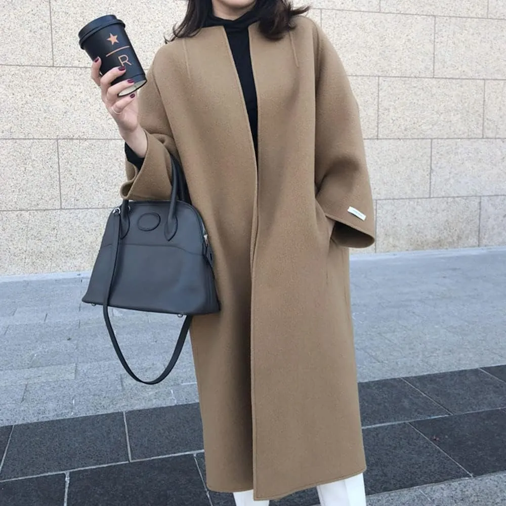 utcoco Womens Mid Long Wool Coats Open Front Woolen Blend Long Cardigan Trench Coat