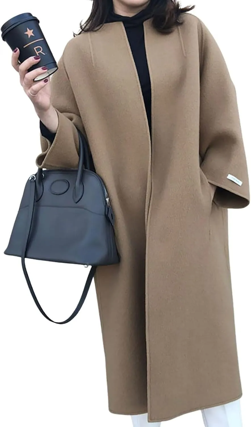 utcoco Womens Mid Long Wool Coats Open Front Woolen Blend Long Cardigan Trench Coat
