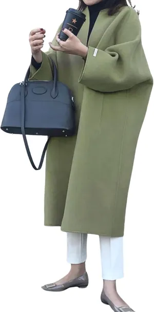 utcoco Womens Mid Long Wool Coats Open Front Woolen Blend Long Cardigan Trench Coat