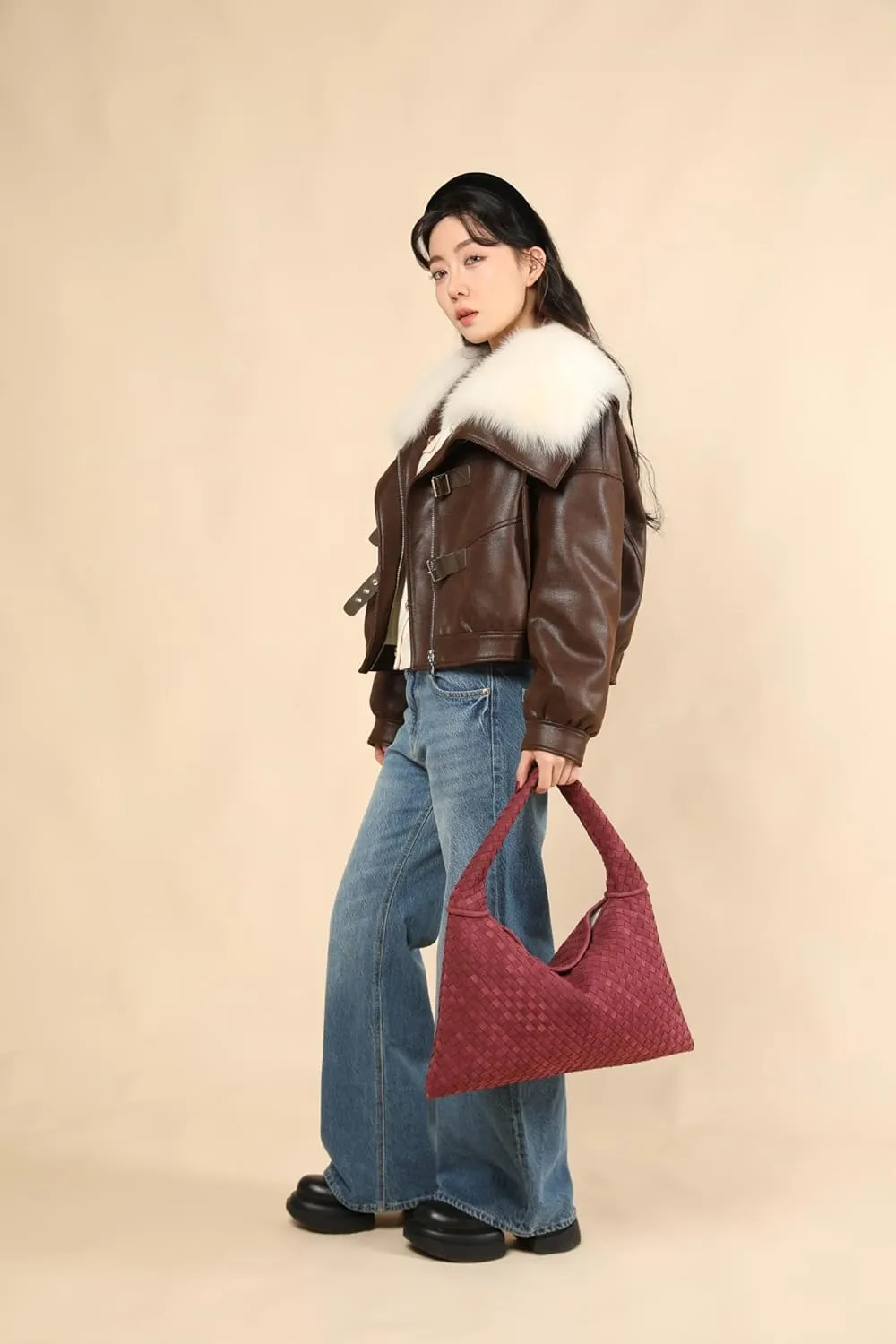 Vegan Leather Woven Tote, Vintage Suede Hobo, Suede Woven Purse, Large Leather Shoulder Bag Braided Hobo